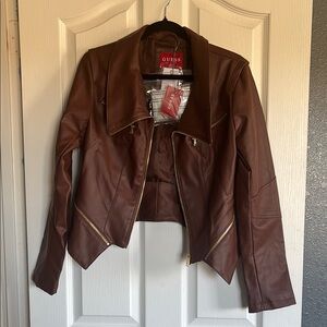 Guess Brown Leather Moto Jacket Asymmetrical Fitted